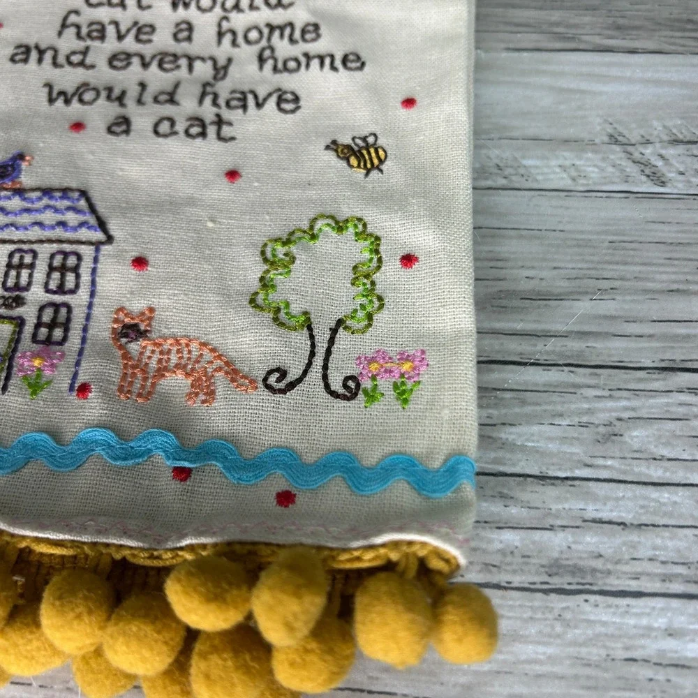 Natural Life Tea Dish Towel Embroidered Boho Cat Lover Gift